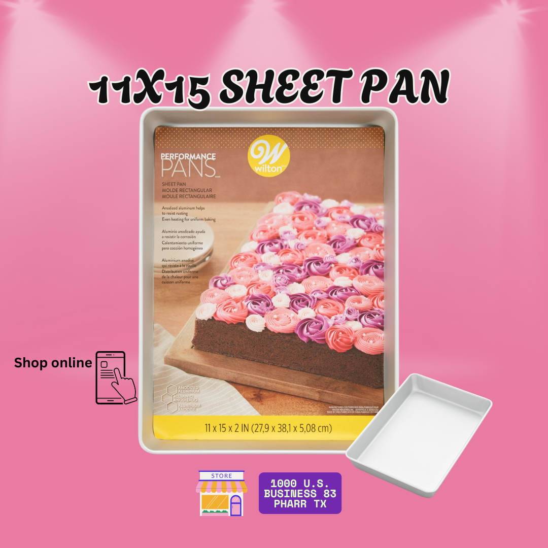 Wilton 11x15 sheet cake pan – perfect for baking single-layer cakes for 40 people. Uses 2 cake mixes. Durable anodized aluminum for even baking and long-lasting use.