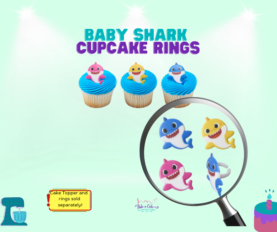 Colorful Baby Shark cupcake rings featuring fun ocean-themed designs. Perfect for Baby Shark party decorations, cupcakes, donuts, and favors. 1 dozen per pack, made from food-safe plastic. Ideal for birthdays and themed celebrations!