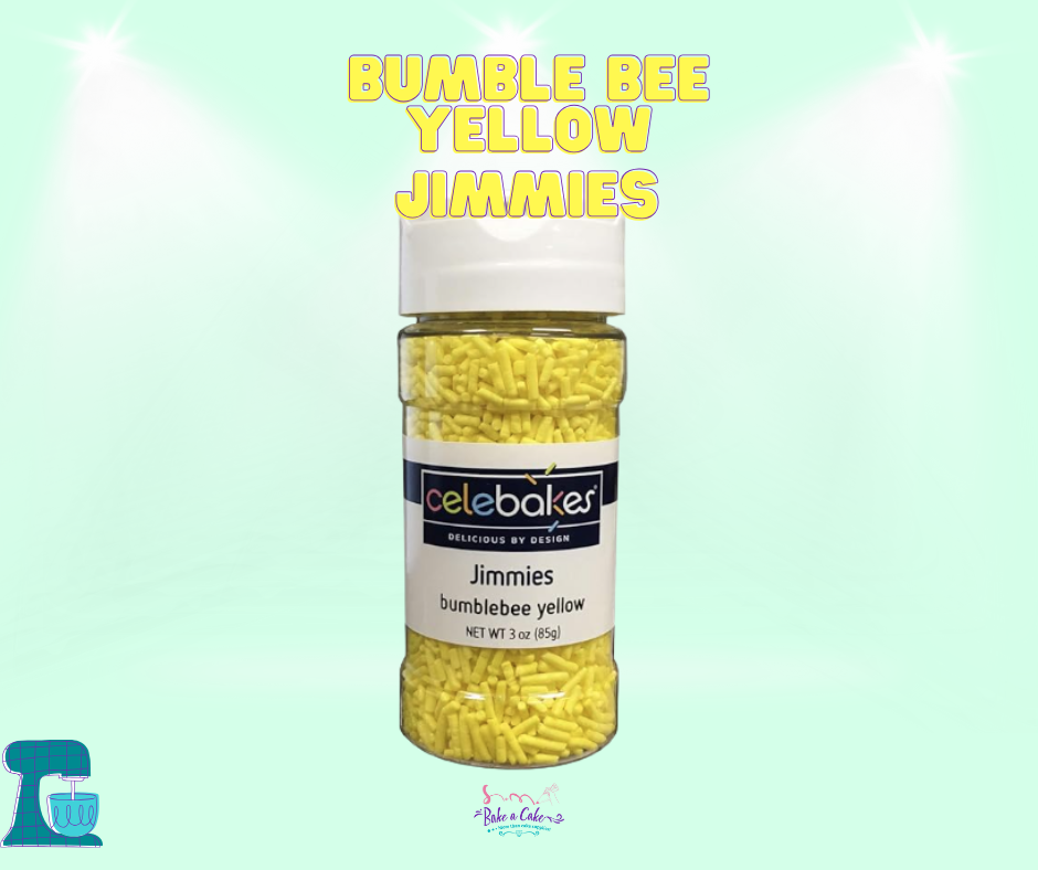 Bright and vibrant Bumble Yellow Jimmies by Celebakes in a 3 oz bottle. Perfect for decorating cakes, cupcakes, cookies, and desserts. Ideal for birthdays, celebrations, and themed treats. Available at Bake A Cake!