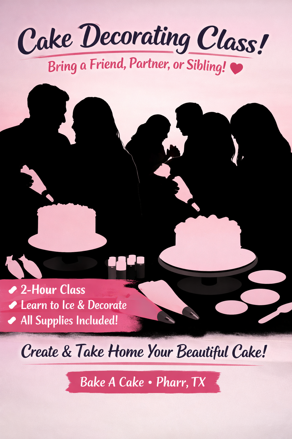 Couples and friends cake decorating class at Bake A Cake in Pharr Texas learning to decorate cakes together.