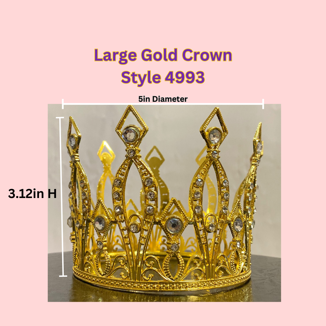 Large Gold Crown Cake Topper – 3.12-inch high, 5-inch diameter, alloy crown with rhinestones, perfect for luxury cakes, weddings, and special celebrations.