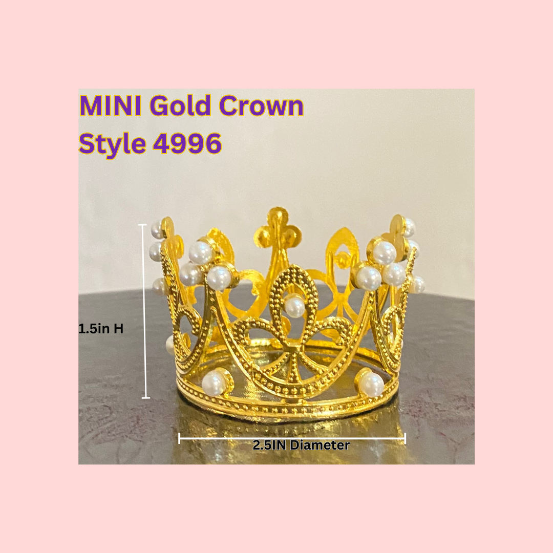Mini Gold Crown Cake Topper – 1.5-inch high, 2.5-inch diameter, gold alloy with pearl accents, perfect for baby showers, birthdays, and elegant cakes.