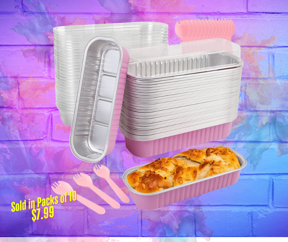 Trendy Disposable Mini Loaf Baking Pans with Fork, Lid & Sticker β Pack of 10 (Pink, Black, Gold)