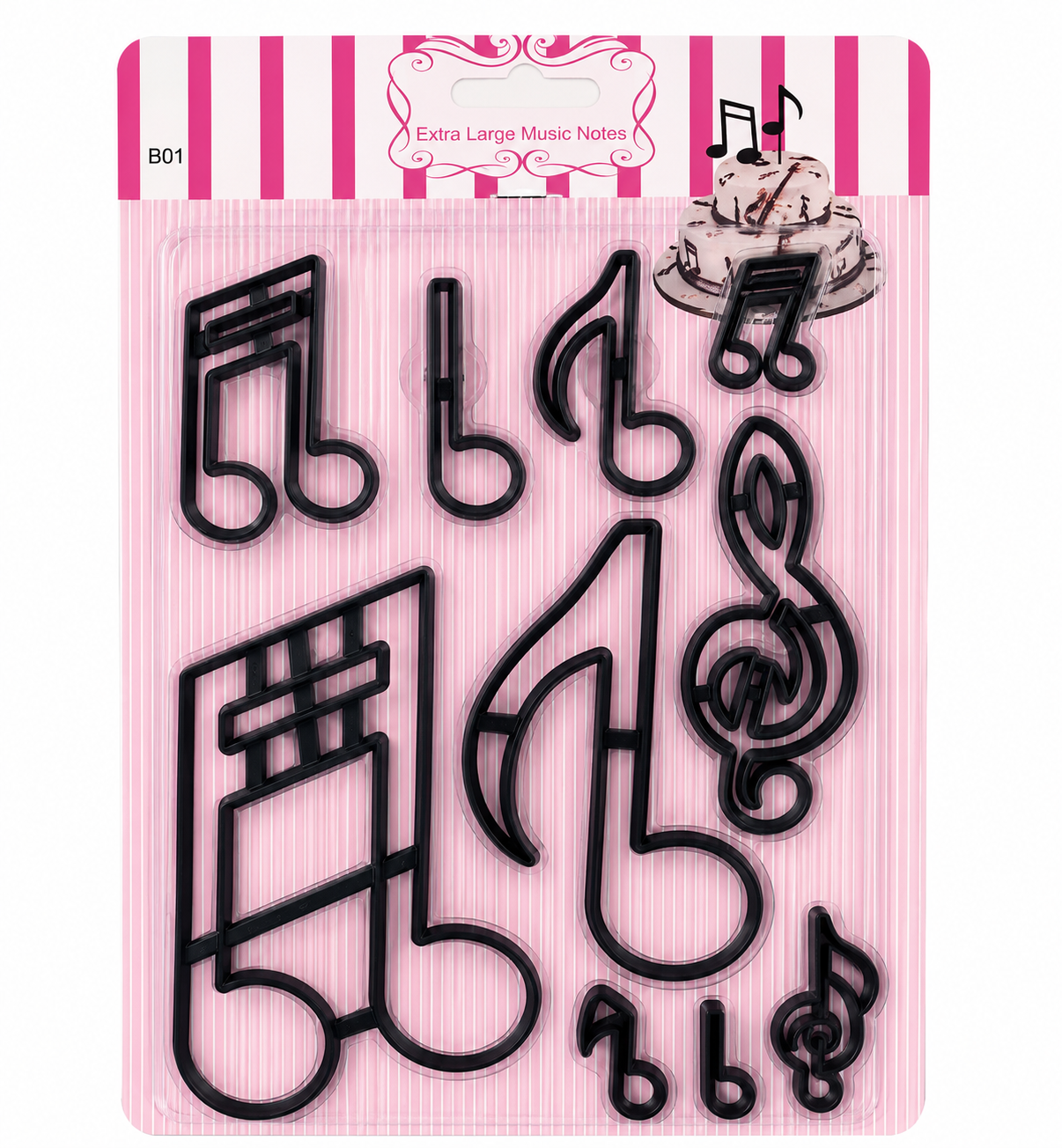 Extra Large Musical Notes Fondant Cutter Set with assorted music note and treble clef cutters in durable food-safe plastic. Perfect for decorating fondant cakes, cupcakes, cookies, gum paste, and music-themed desserts for birthdays, recitals, graduations, and special events.
