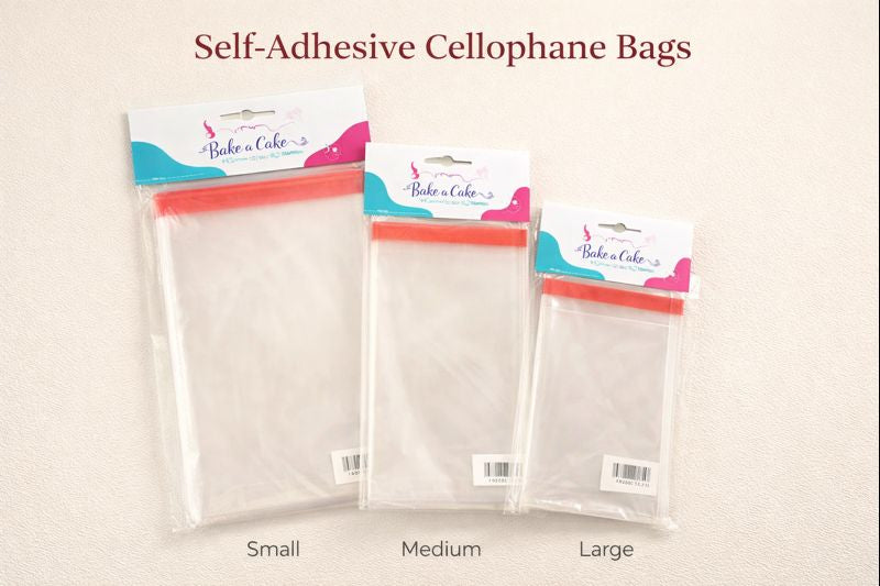 Clear self-adhesive cellophane bags sold in packs of 100. Perfect for cookies, chocolates, candy, and bakery packaging. Professional and food-safe.
