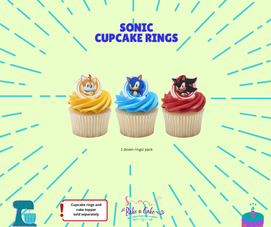 A set of fun and colorful cupcake toppers featuring Sonic and friends, perfect for themed birthday parties and celebrations. These durable plastic rings add a playful touch to desserts and double as party favors. Shop now for fast and fun decorations!"