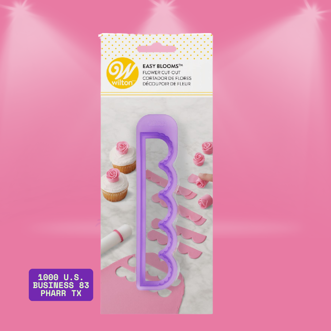 Wilton Easy Blooms Flower Cut-Out tool in purple, used for creating fondant and gum paste rolled flowers, shown with pink fondant and decorated cupcakes.