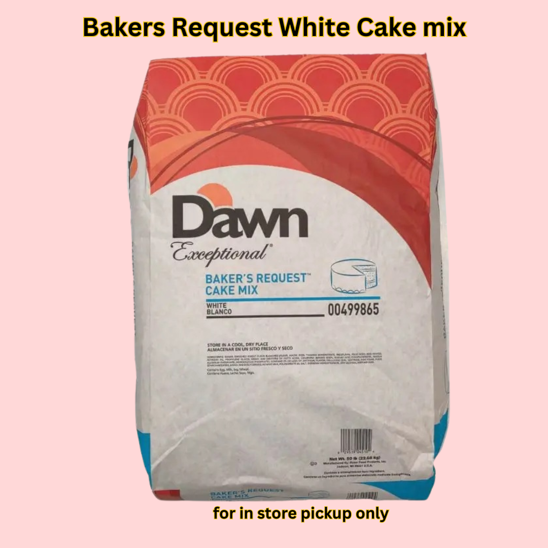 A high-resolution image of the 50 lb Dawn’s Bakers Preferred White Cake Mix sack, showing the branding and product details. You can also stage it next to a freshly baked white cake or cupcakes to showcase the final result. Additionally, include a picture of the 1 lb bags for customers looking for smaller quantities.