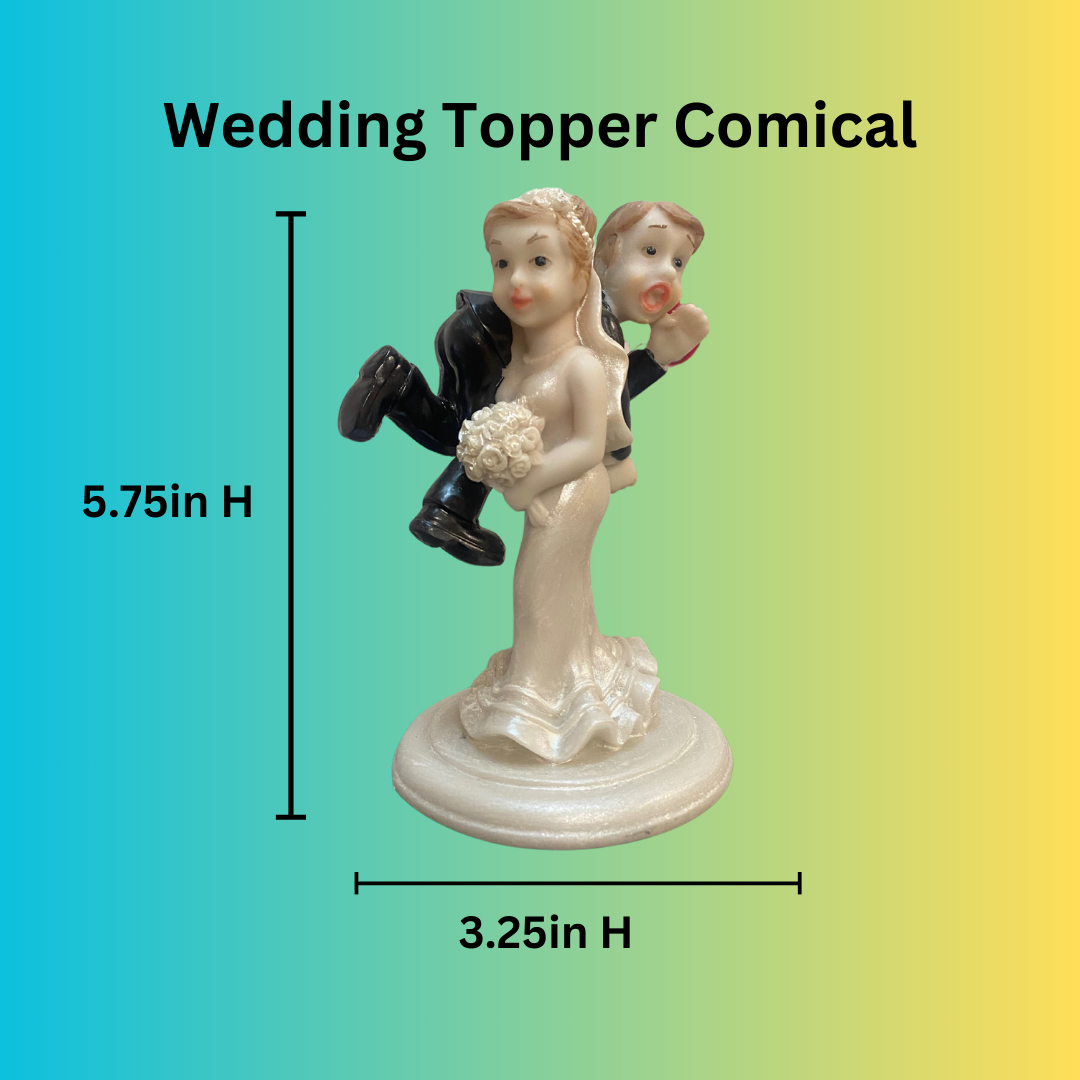 Shop our Comical Wedding Cake Topper (5.75”H x 3.25”W), featuring a funny bride carrying the groom—perfect for weddings, engagements, and bridal shower cakes!