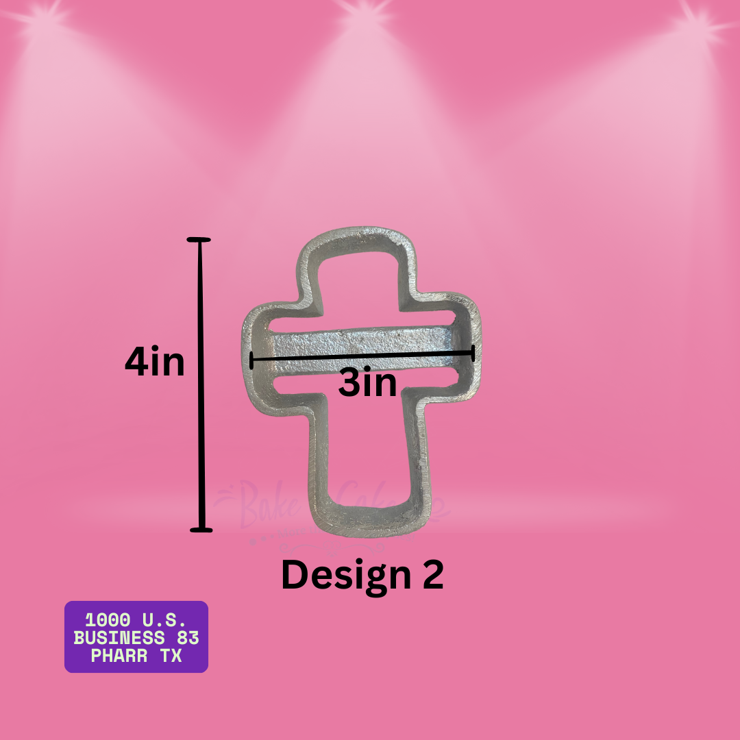 Cross-shaped metal bunuelo mold, 4x3 inches, labeled Design 2. Used for frying traditional Mexican desserts. Sold by Bake A Cake in Pharr, TX.