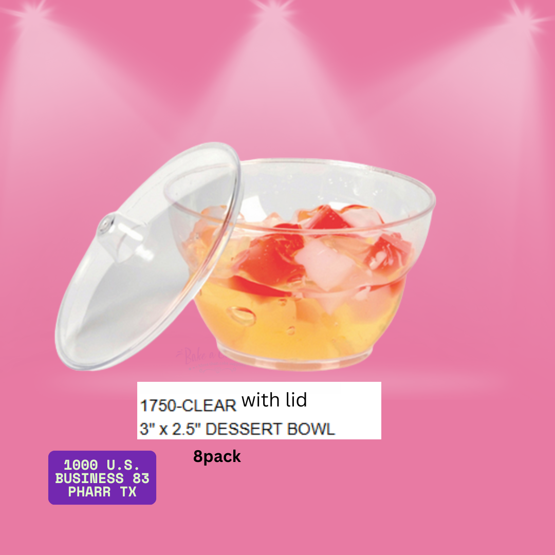 Clear dessert bowls with dome lids – 3" x 2.5" size, 8-pack. Perfect for flan, gelatin, fruit, mousse, or take-out desserts. Great for catering, events, and bakeries.