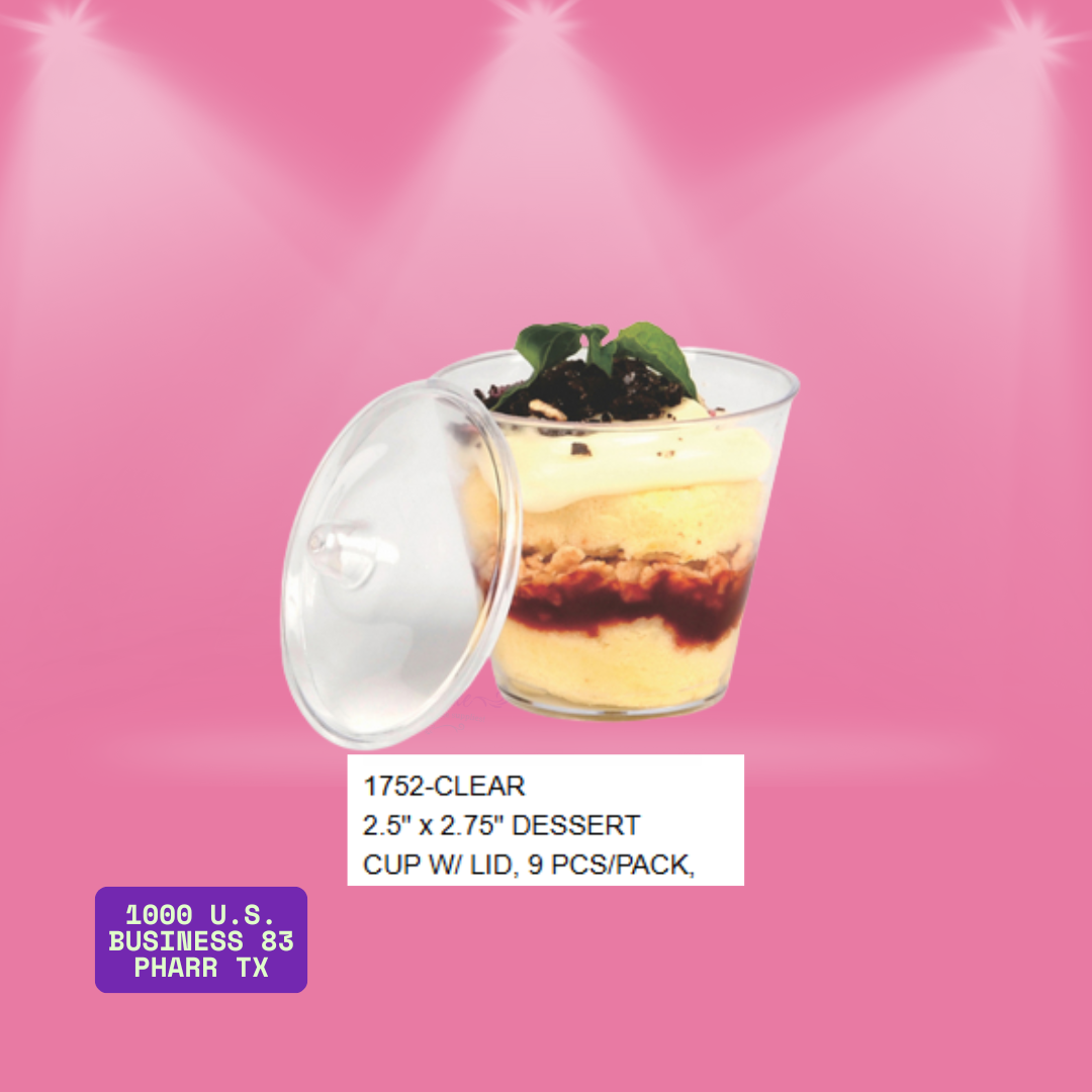 2.5" x 2.75" clear dessert cup with lid – 9-pack. Perfect for individual trifles, parfaits, puddings, mousse and take-home treats. Ideal for bakers, caterers, and parties.