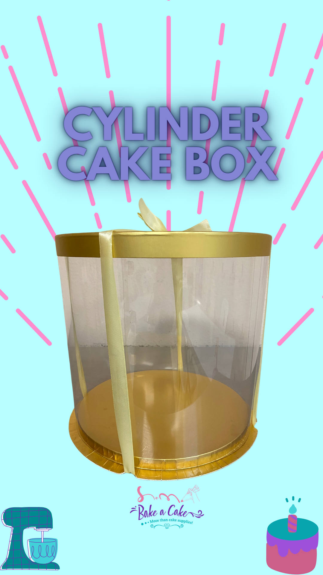 This elegant 10-inch round by 12-inch tall cylinder cake box, perfect for layered or decorated cakes, combines durability and style with its clear plastic body and luxurious gold trim. Designed for both professional and personal use, it ensures cake safety during transport with a sturdy cardboard base. Its sophisticated design enhances the presentation and gifting experience, making it an ideal choice for special occasions.