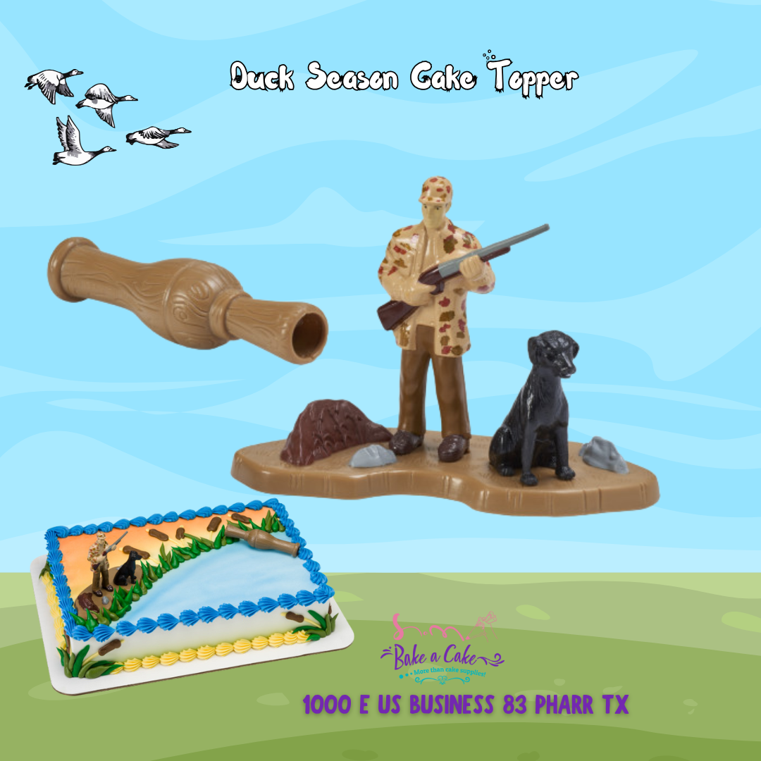 Shop duck hunting cake topper near me! Hunter & dog figurine with duck call perfect for duck season cakes, birthdays & hunting-themed parties.