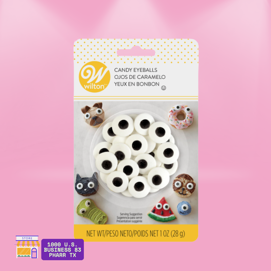 Add fun and personality to your desserts with Wilton Candy Eyeballs! Perfect for decorating cupcakes, cookies, donuts, and cake pops. Easy to use and great for Halloween, birthdays, and themed treats. Sold at Bake A Cake TX โ nationwide shipping available.