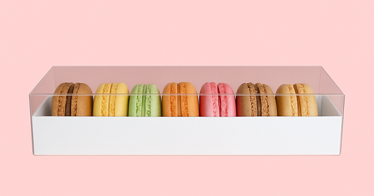 Shop 12x2x2 white bakery boxes with clear lids for macarons, cookies, or strawberries. Perfect for display, gifting, or treat boxes. Elegant, professional, and easy to use.