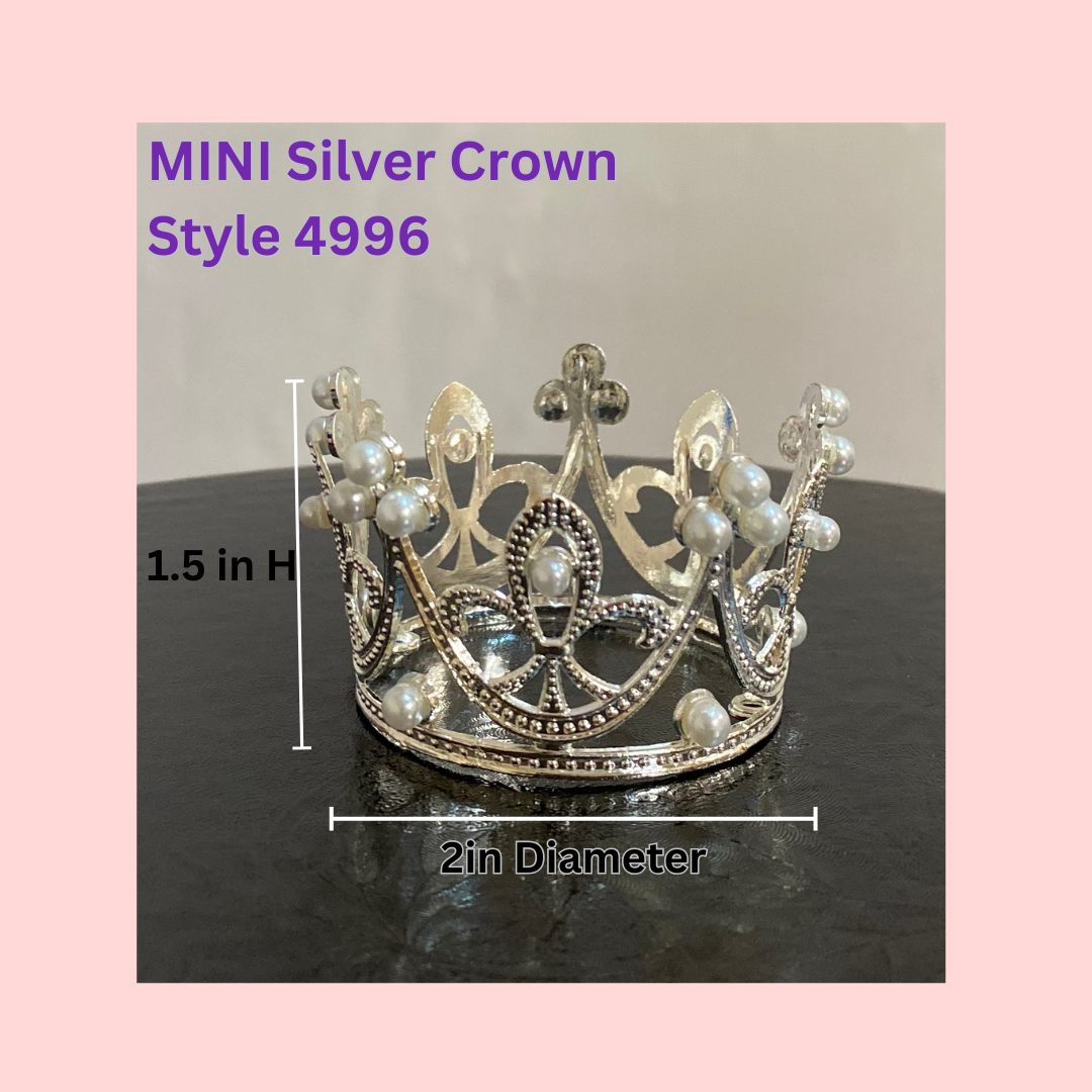 Mini Silver Crown Cake Topper – Style 4996 | Pearl-Embellished Alloy Crown
