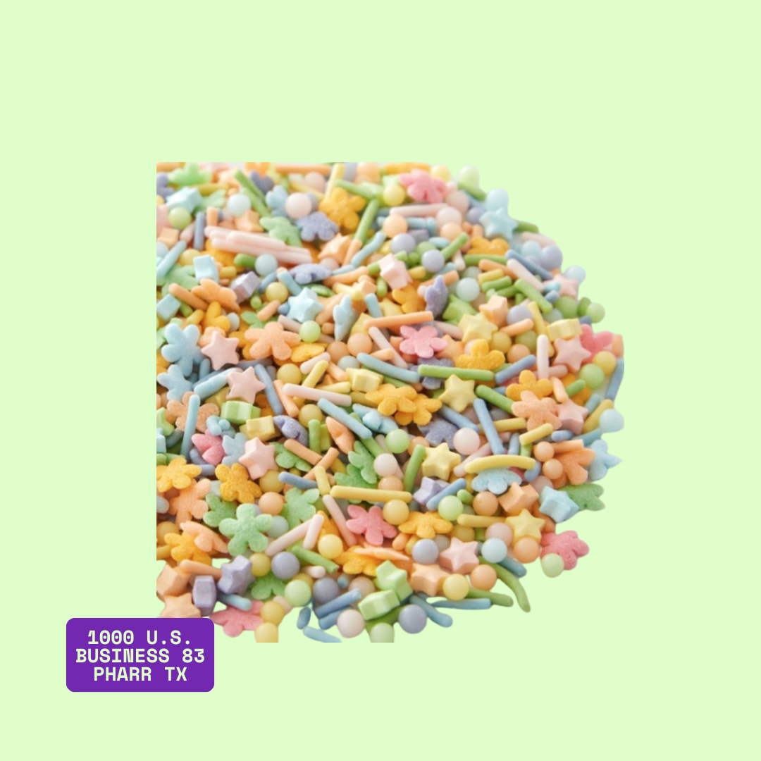 Close-up image of pastel rainbow sprinkle mix featuring a charming assortment of stars, flowers, rods, balls, and shapes in soft spring colors like pink, yellow, green, blue, and lavender. Perfect for decorating cakes, cupcakes, cookies, and sweet treats. Available at Bake A Cake, 1000 U.S. Business 83, Pharr, TX.