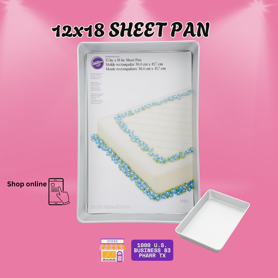 Wilton 12x18 sheet cake pan – perfect for one-layer cakes that serve 50 people. Uses 3 cake mixes. Made of durable aluminum for even baking.
