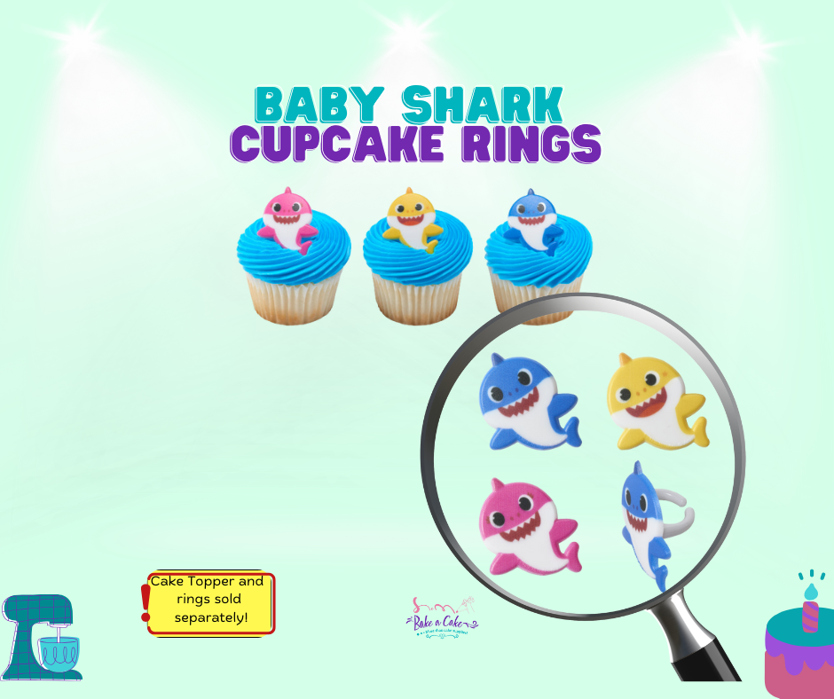 Colorful Baby Shark cupcake rings featuring fun ocean-themed designs. Perfect for Baby Shark party decorations, cupcakes, donuts, and favors. 1 dozen per pack, made from food-safe plastic. Ideal for birthdays and themed celebrations! 