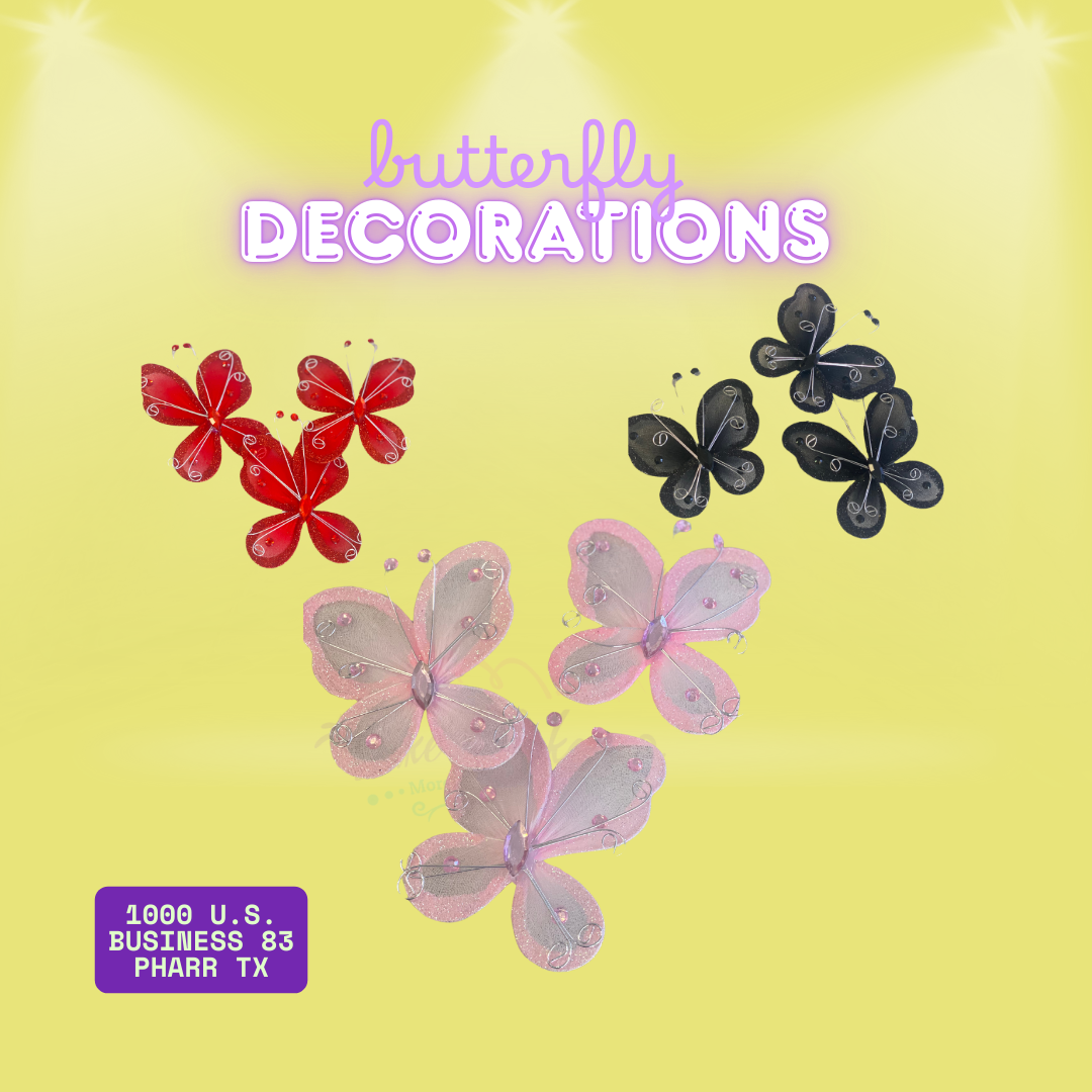 Set of 3 mesh and wire butterfly decorations in red, black, and pink – non-edible cake toppers for spring treats and floral arrangements
