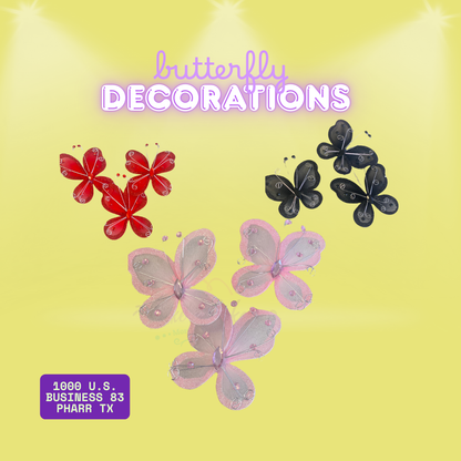Set of 3 mesh and wire butterfly decorations in red, black, and pink – non-edible cake toppers for spring treats and floral arrangements
