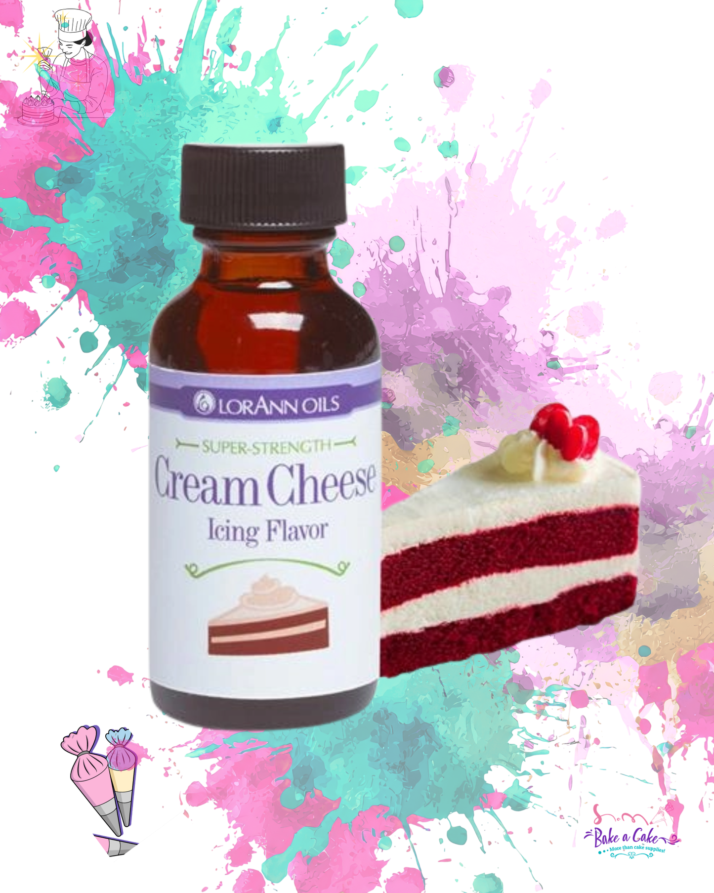 Add rich cream cheese flavor to frostings, cakes, candy, and desserts with LorAnn Cream Cheese Flavor Oil (1 oz). Super-strength flavoring—perfect for baking and candy making. Available at Bake A Cake.