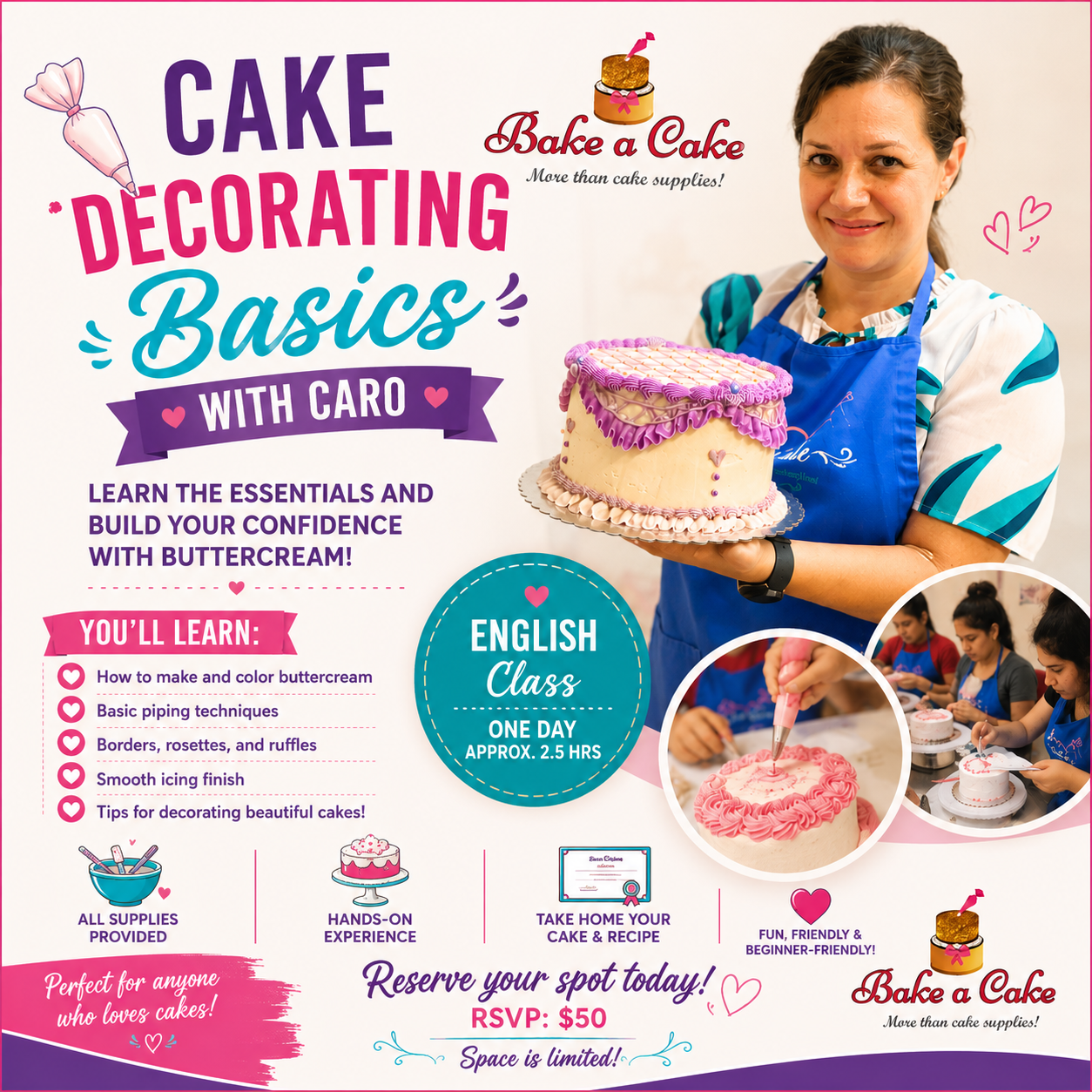 Beginner Cake Decorating Basics with Caro at Bake A Cake – student learning buttercream piping and decorating techniques in a hands-on English class.