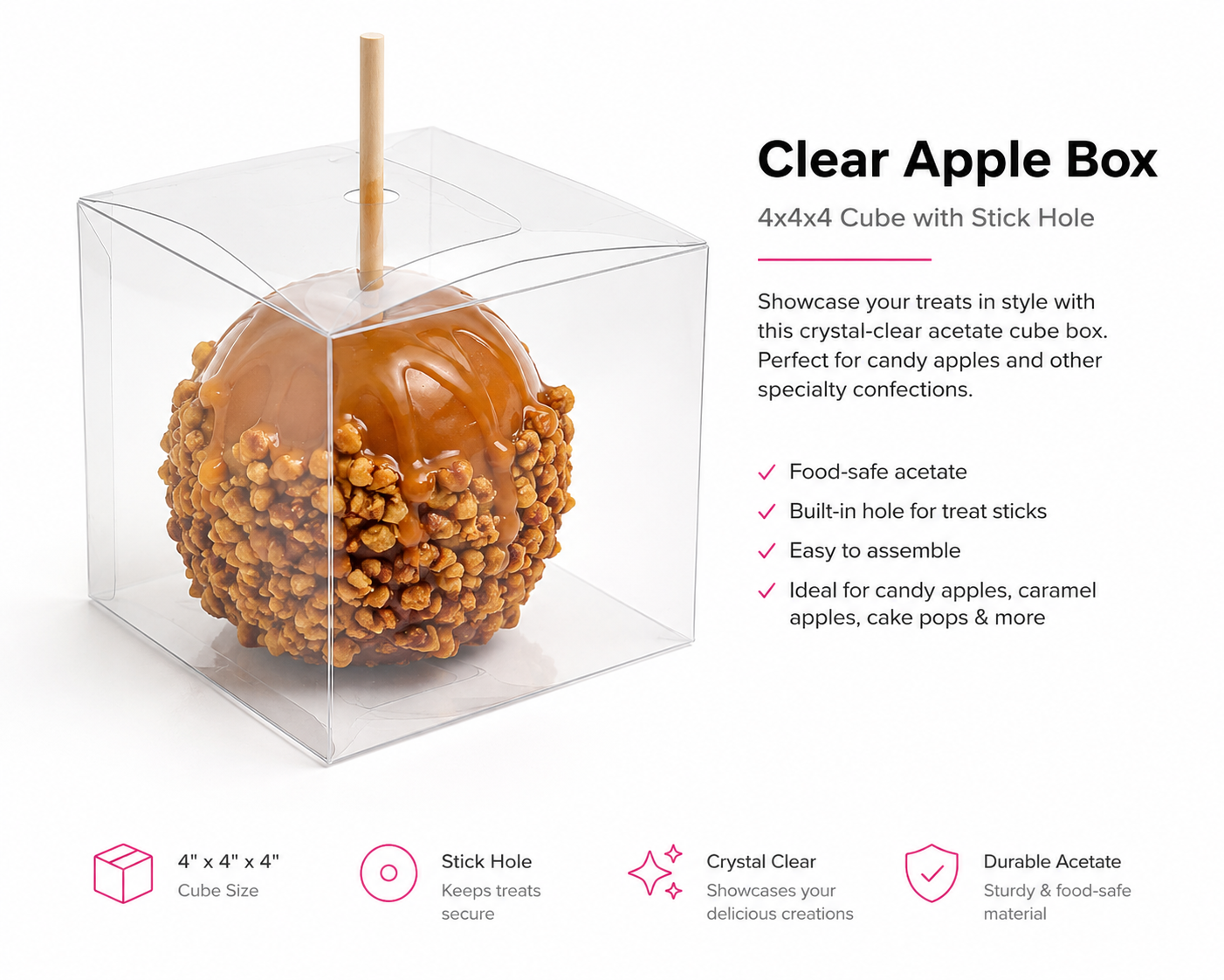 Clear 4x4x4 acetate candy apple box with stick hole for caramel apples, chocolate apples and decorated treats