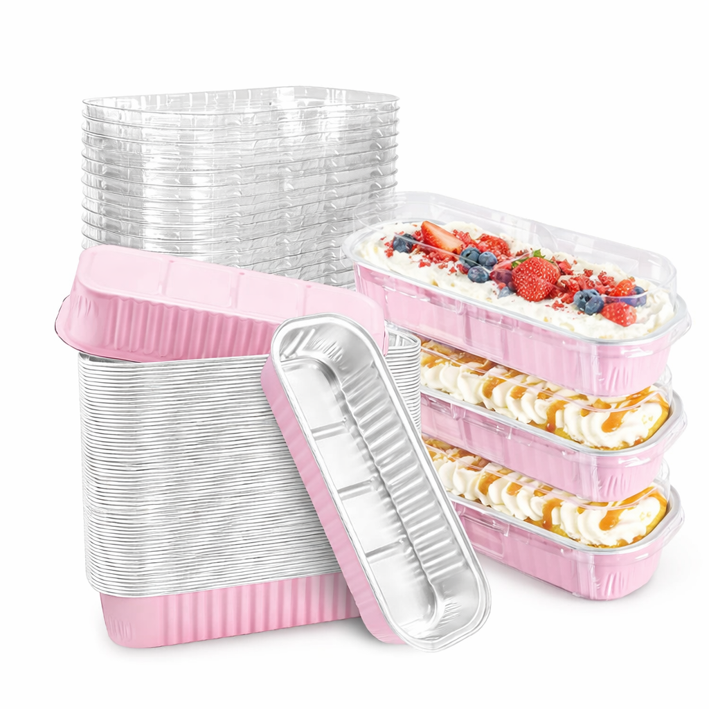 Disposable aluminum mini loaf pan with clear lid, 200 ml (6.8 oz) capacity. Ideal for baking and dessert presentation. Sold in packs of 50 or 100. Available in pink, gold, black with gold, and red. Excludes silverware and stickers.