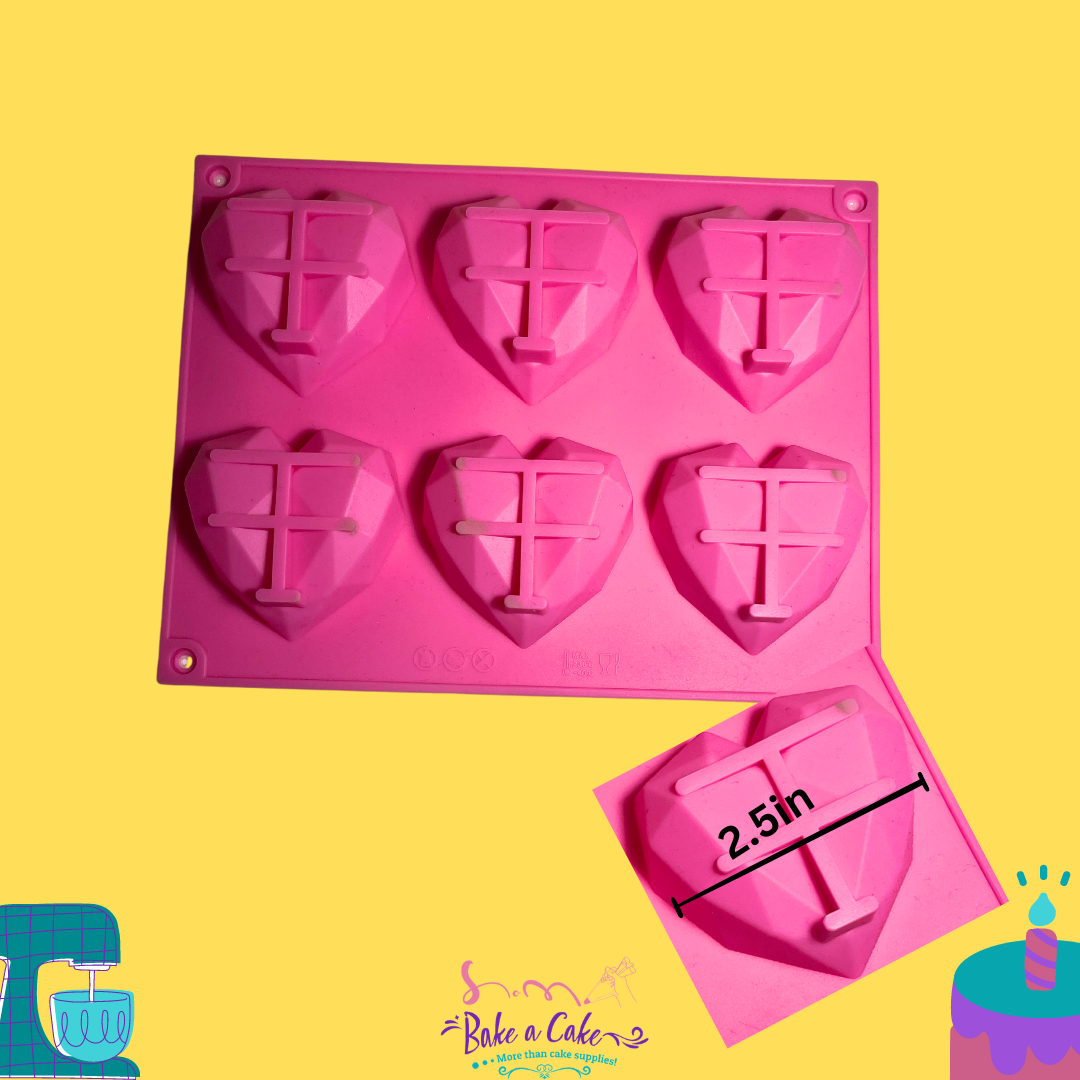 Geometric heart shape silicone mold 6 cavity. Perfect for breakable heart sweet treats. 2.5inches wide at the widest part of the heart.  Great for filling it with cake bread to make cake pop style treats!