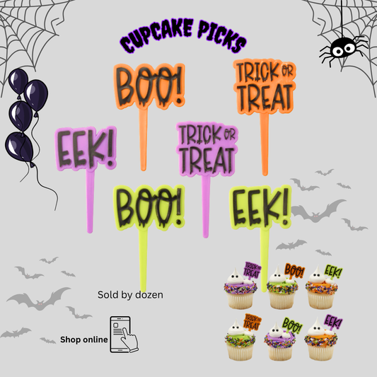 Halloween Phrase Cupcake Picks – BOO!, EEK!, Trick or Treat – 12-Pack Assorted Designs