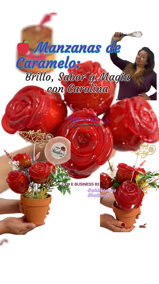 Carolina, instructor of Bake a Cake, displaying a beautiful floral hard candy apple arrangement at her cake and baking studio in Pharr, TX.

