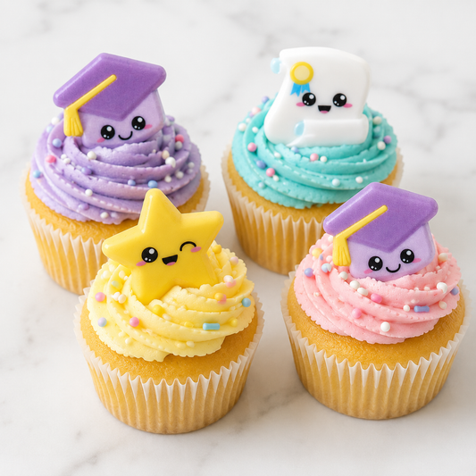 A set of four vanilla cupcakes decorated with pastel buttercream frosting and topped with assorted kawaii graduation cupcake rings. The reusable plastic rings feature adorable graduation-themed designs including a smiling graduation cap, diploma, and star, making them perfect for preschool, kindergarten, elementary, high school, and college graduation parties. Sold by the dozen at Bake A Cake.