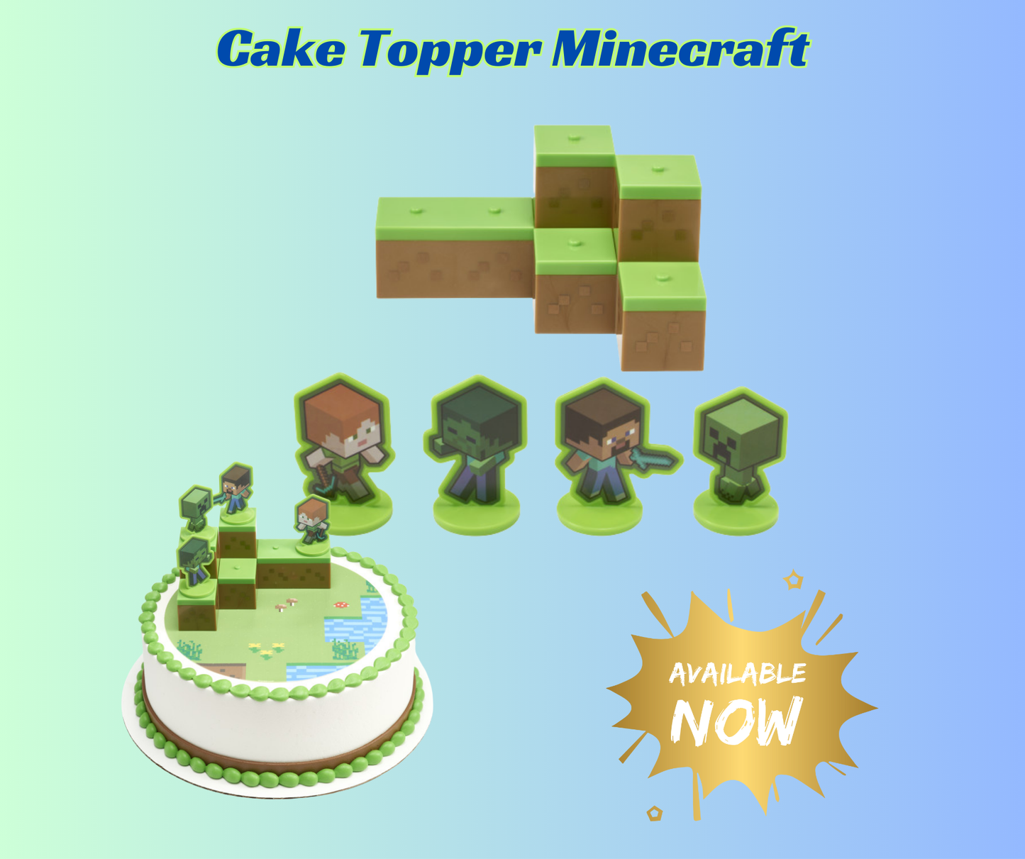 Minecraft cake topper set featuring Steve, Alex, mobs, and stackable 3D blocks. Includes 6 pieces with interchangeable characters. Perfect for Minecraft birthday cakes and themed parties.