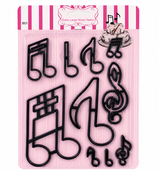 Extra Large Musical Notes Fondant Cutter Set with assorted music note and treble clef cutters in durable food-safe plastic. Perfect for decorating fondant cakes, cupcakes, cookies, gum paste, and music-themed desserts for birthdays, recitals, graduations, and special events.