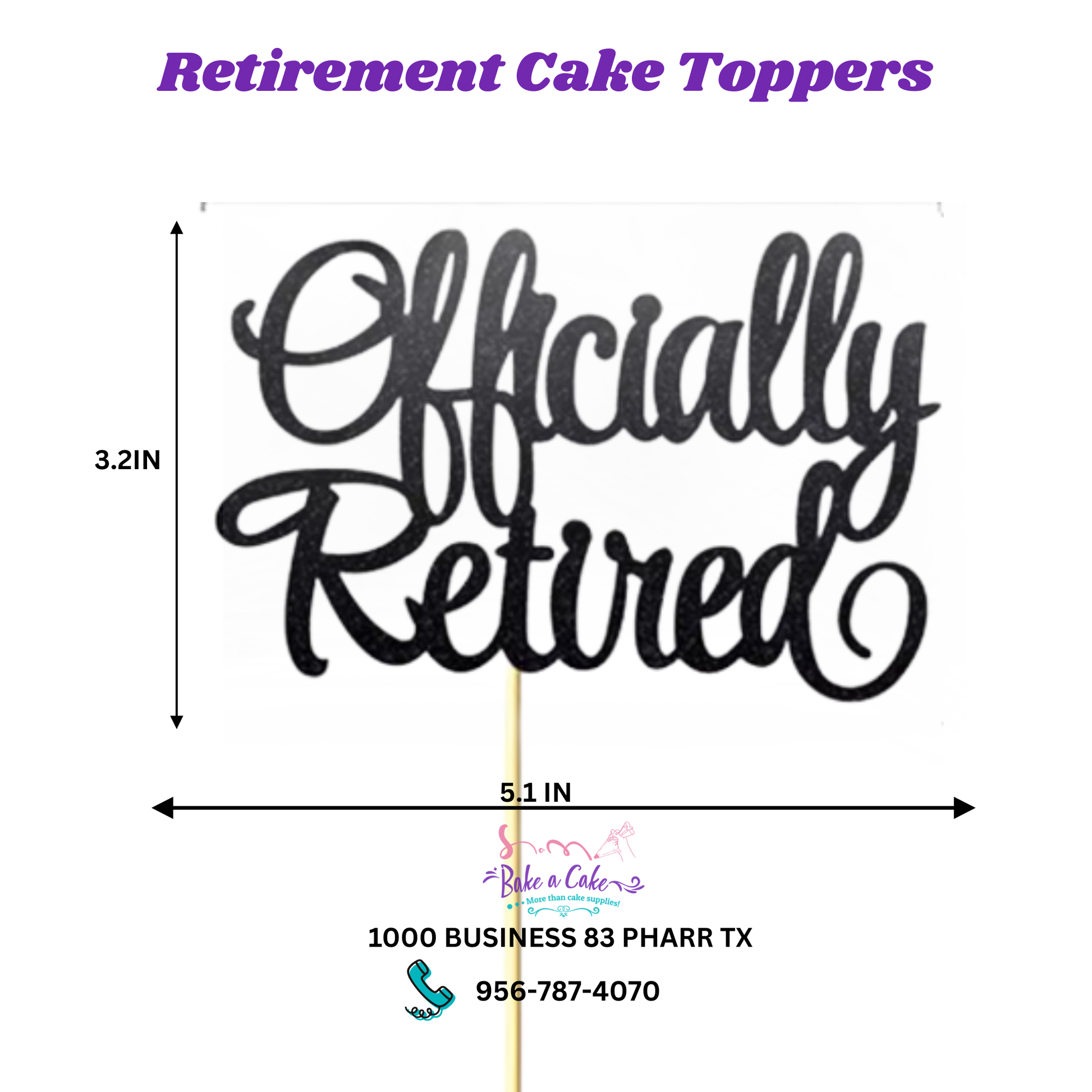 Black glitter "Officially Retired" cake topper, 5.51 x 3.59 inches, includes bamboo stick and glue dots for cake or flat display, retirement party decoration