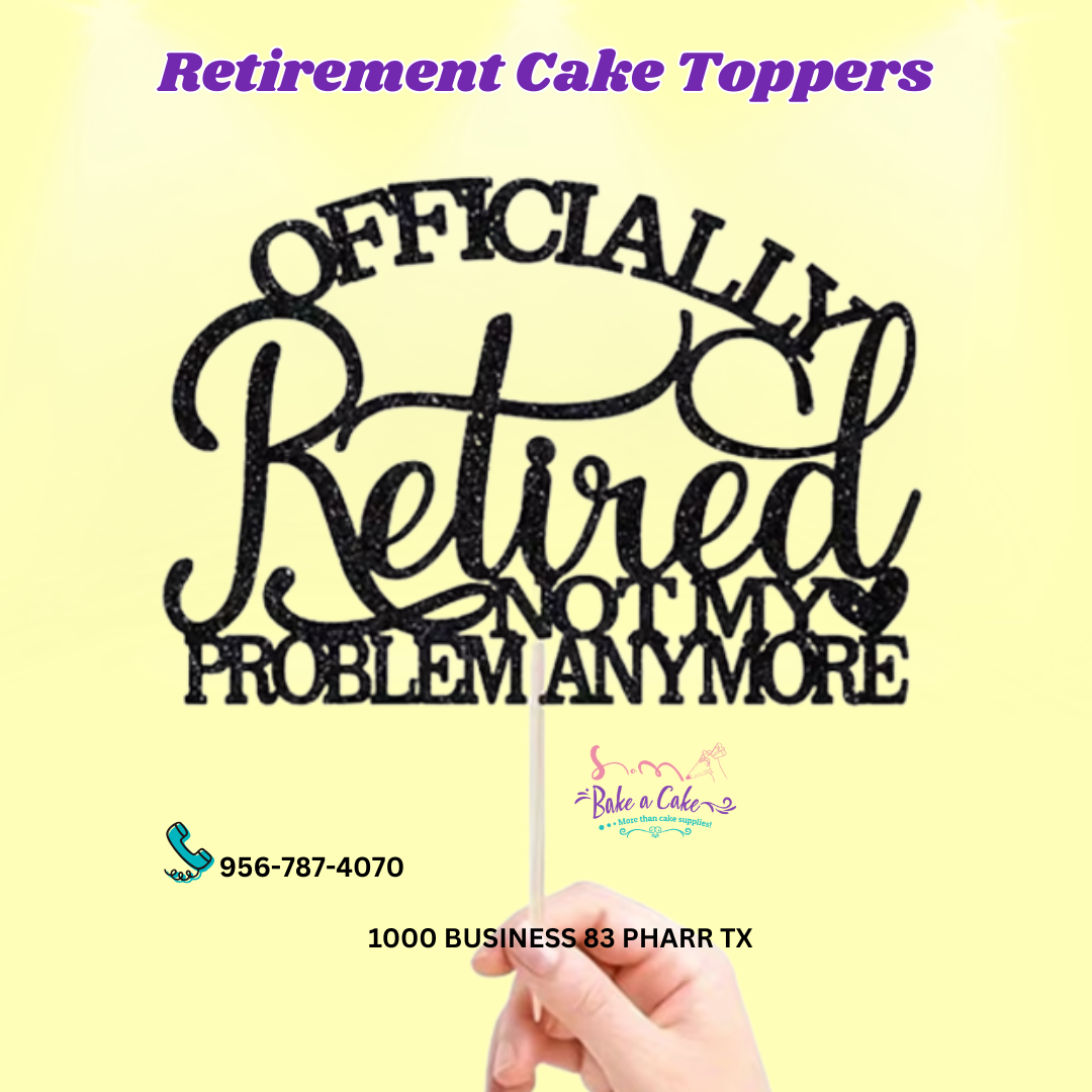 Black glitter "Officially Retired" cake topper, 5.51 x 3.59 inches, includes bamboo stick and glue dots for cake or flat display, retirement party decoration