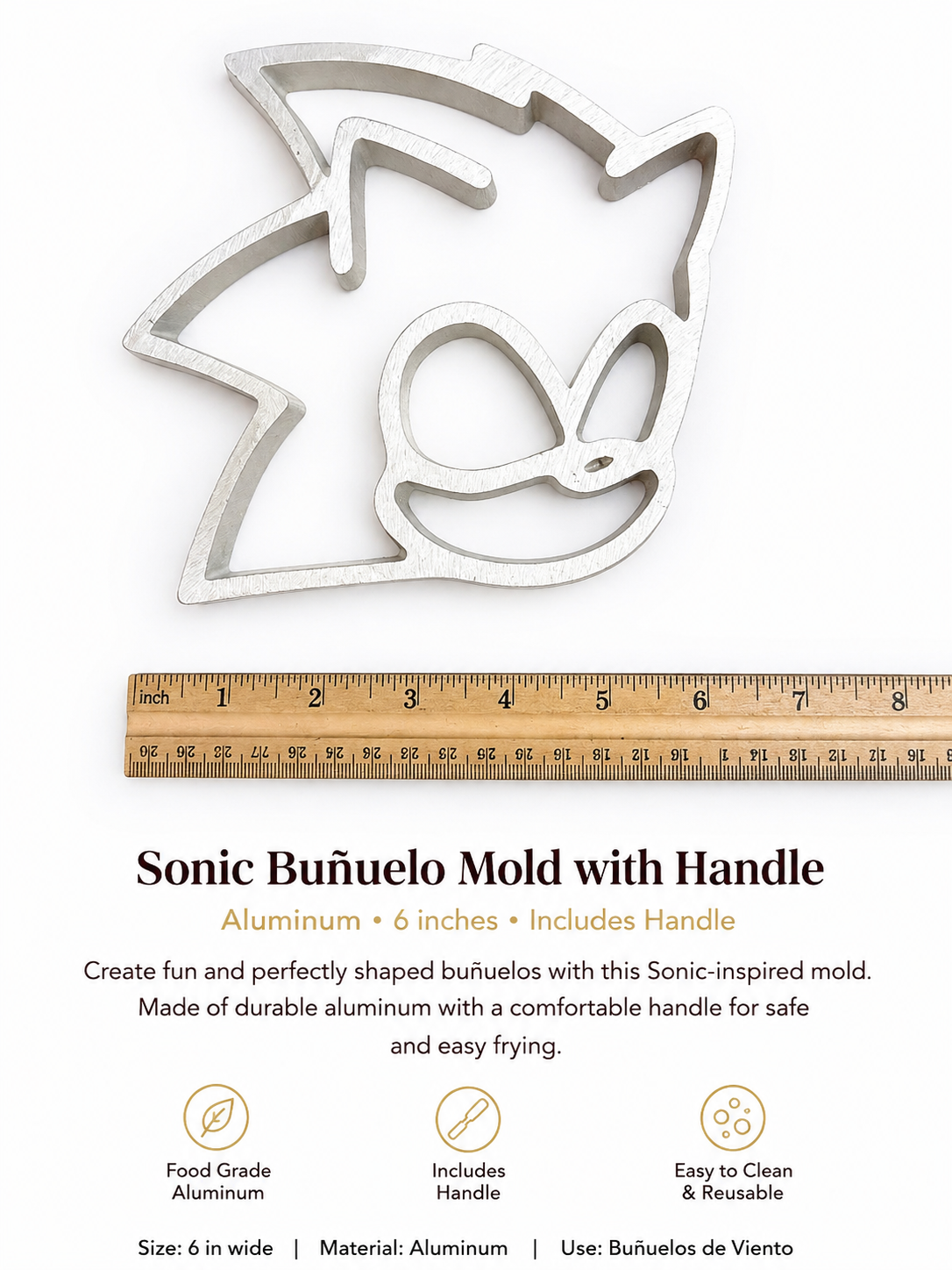 6-inch Sonic-inspired aluminum buñuelo mold with handle for making buñuelos de viento