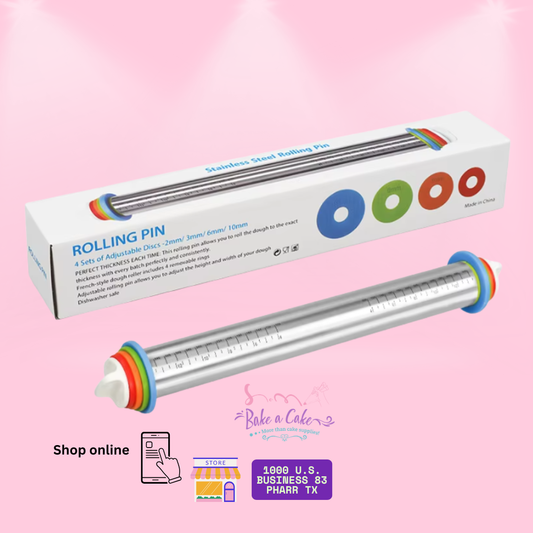 Stainless steel French-style rolling pin with 4 colorful adjustable thickness rings (2mm, 3mm, 6mm, 10mm) and measurement guide, shown with product box — available at Bake a Cake in Pharr TX
