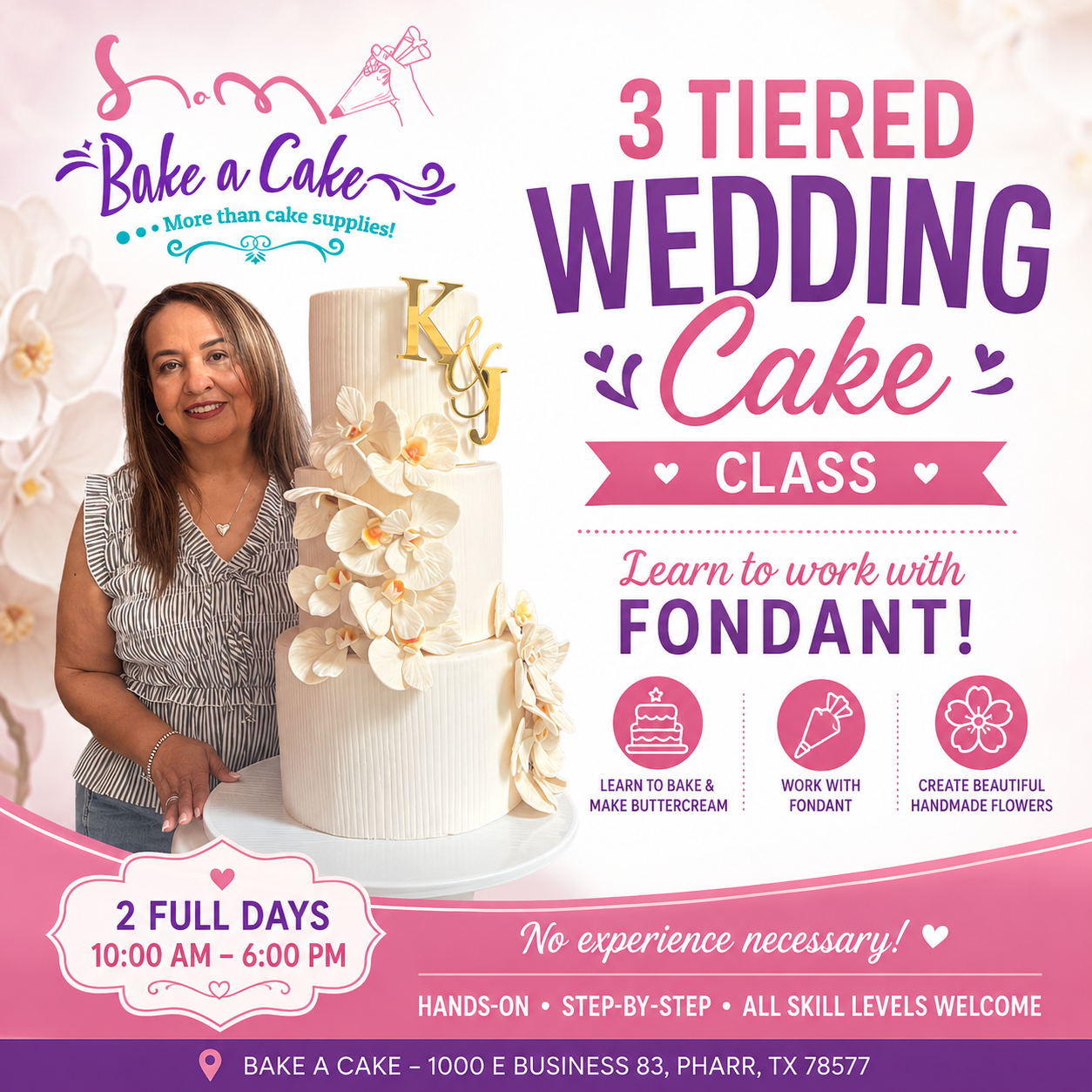 Elegant three-tier white wedding cake decorated with handcrafted fondant flowers and a smooth buttercream finish.
