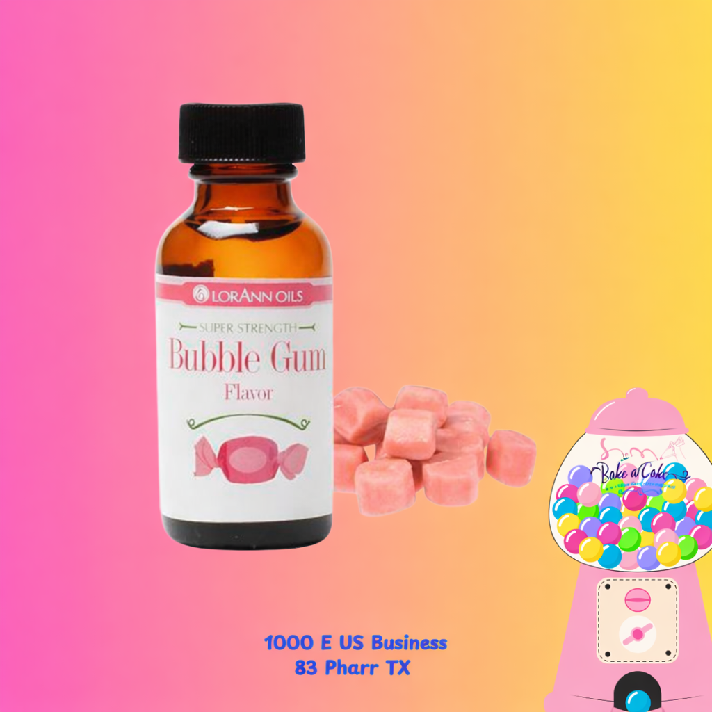 Bubble gum super strength baking flavor 1 oz bottle used for cakes, cookies, buttercream, candy and chocolate at Bake A Cake in Pharr Texas