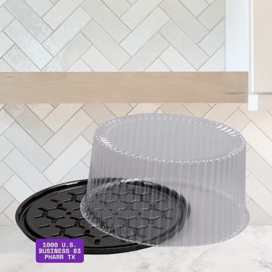 Disposable tall plastic cake dome with black base and clear lid, ideal for packaging layered cakes, drip cakes, and bakery desserts
