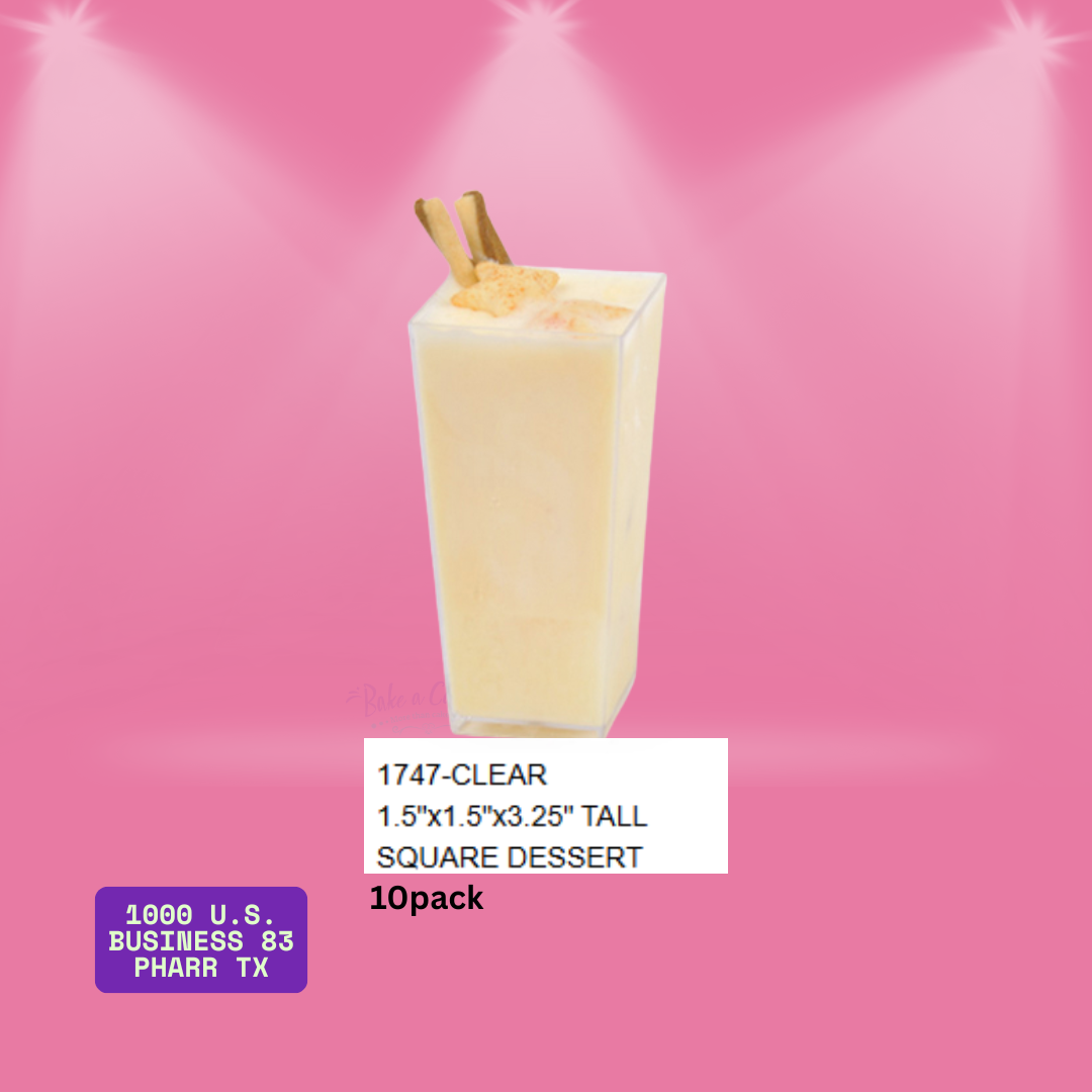 Clear tall square dessert cups – 1.5" x 1.5" x 3.25" (10-pack). Perfect for layered mini desserts, mousse shooters, and party displays. Elegant single-serve design.
