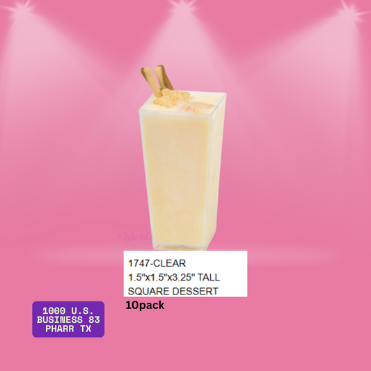 Clear tall square dessert cups – 1.5" x 1.5" x 3.25" (10-pack). Perfect for layered mini desserts, mousse shooters, and party displays. Elegant single-serve design.
