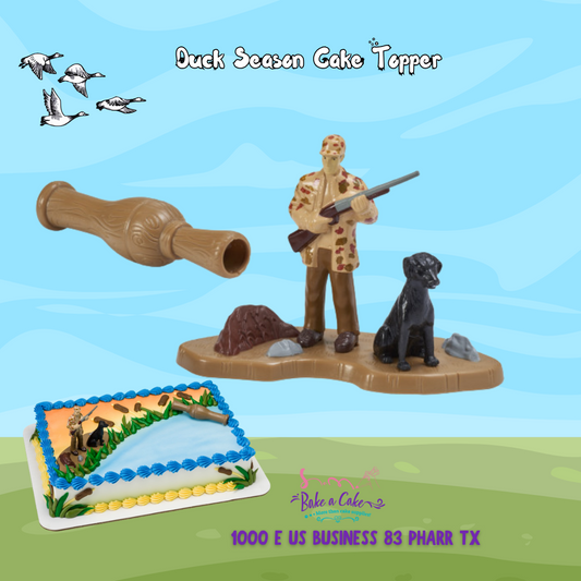 Shop duck hunting cake topper near me! Hunter & dog figurine with duck call perfect for duck season cakes, birthdays & hunting-themed parties.