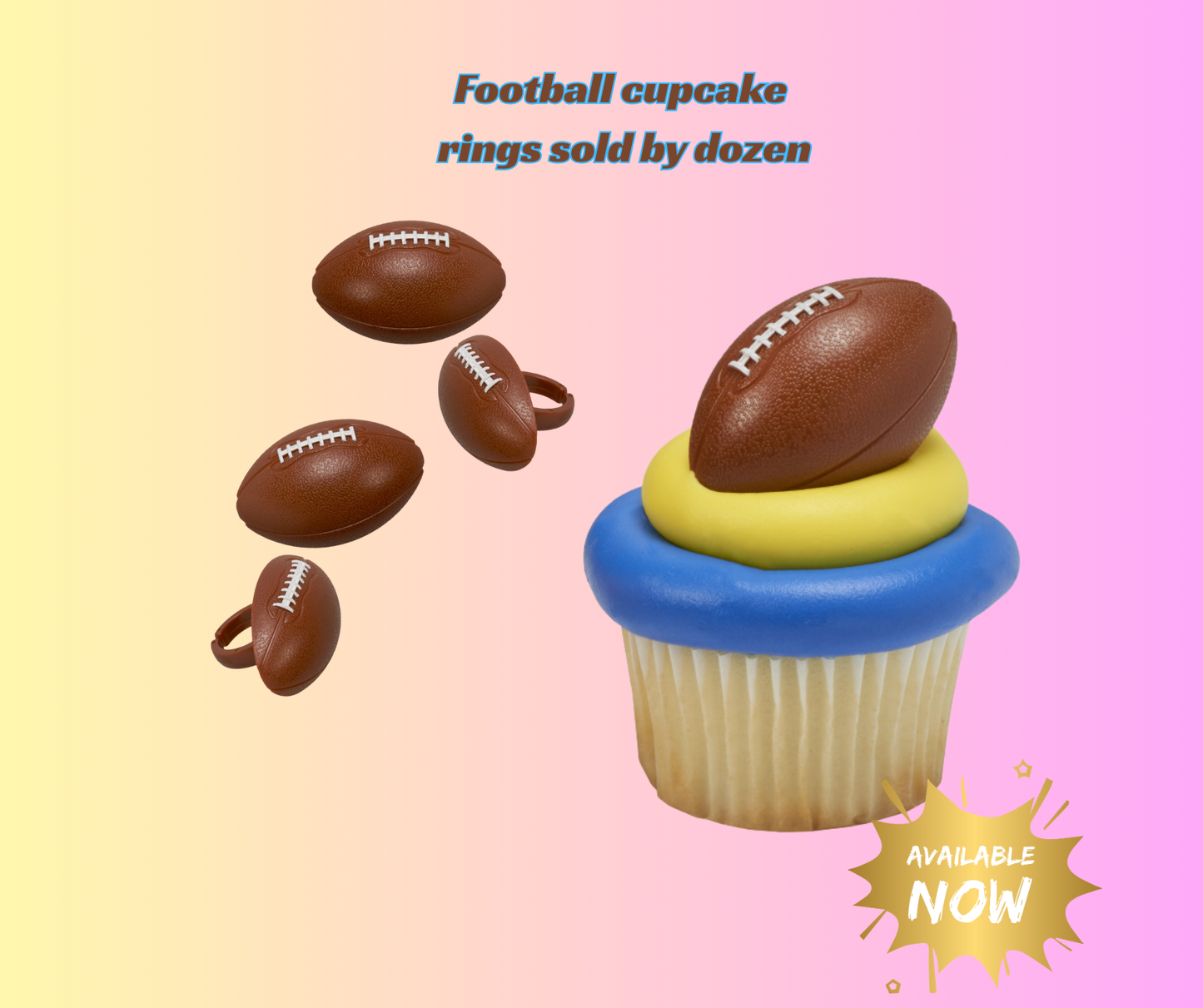 Decorate game day treats with football cupcake rings sold by the dozen. Perfect for Super Bowl parties, football events, and themed cupcakes.For sale near you at Bake a Cake