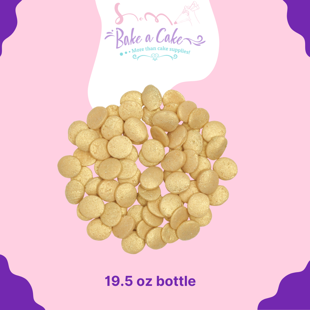 Gold confetti sugar quins sprinkles for cake decorating in 19.5 oz bottle