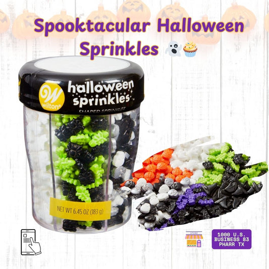 Wilton Halloween Shaped Sprinkles Mix – add spooky bats, ghosts, skulls, pumpkins, and bones to your Halloween cupcakes, cookies, and more! Find them at Bake A Cake in Pharr or shop online at www.bakeacaketx.com.