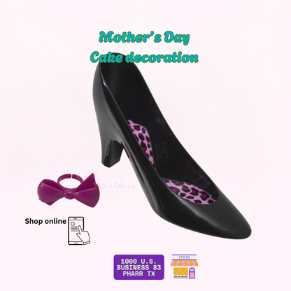 Black High Heel Cake Topper with Pink Bow – Elegant Mother’s Day Decoration